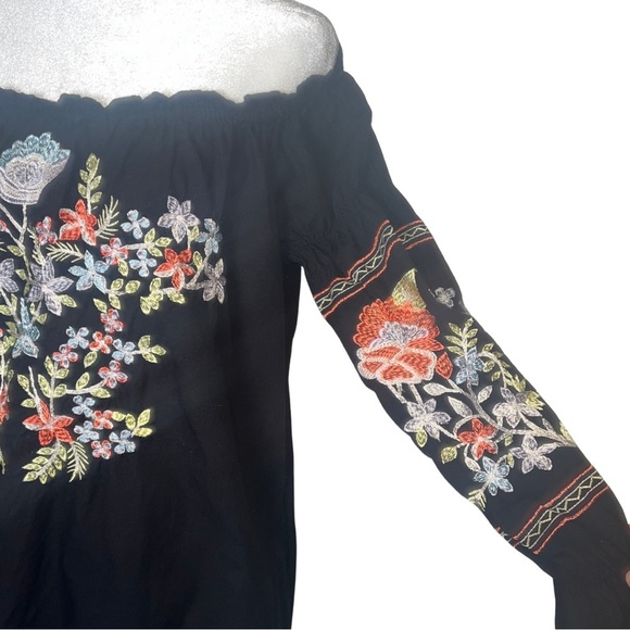 Free People Black Embroidered Off Shoulder Boho Mini Dress Tunic M - Picture 5 of 8